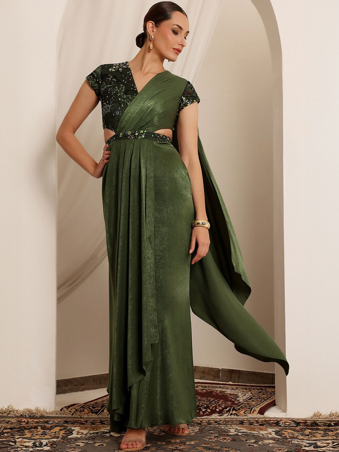 Olive Green Women V-Neck Short-Sleeve Embellished Draped Maxi Velvet Dress