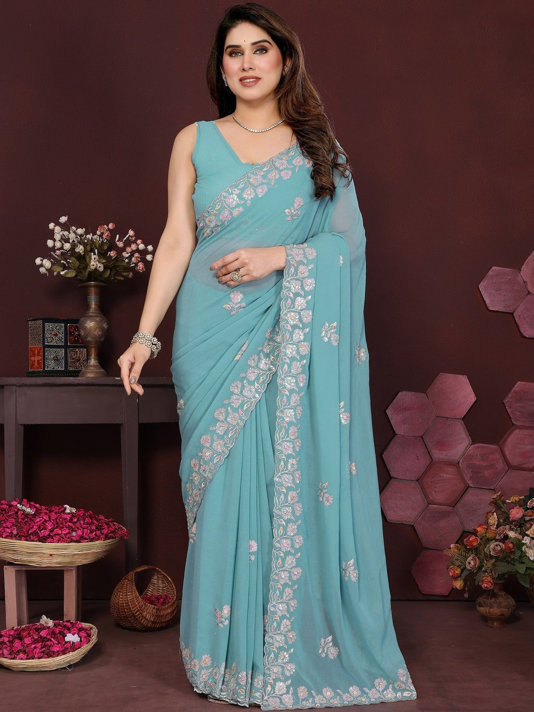 ROOP SUNDARI SAREES Floral Embroidered Heavy Work Saree
