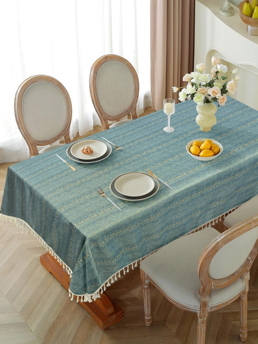 Cortina Blue And Beige Printed Waterproof 6-Seater Rectangle Cotton Table Cover