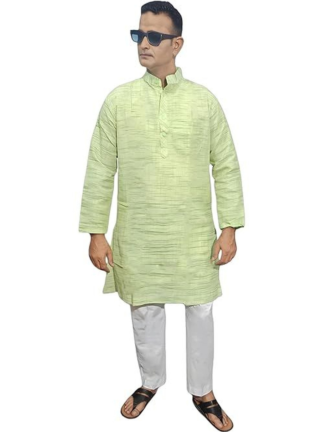 GRT Woven Design Mandarin Collar Regular Straight Kurta With Pyjamas