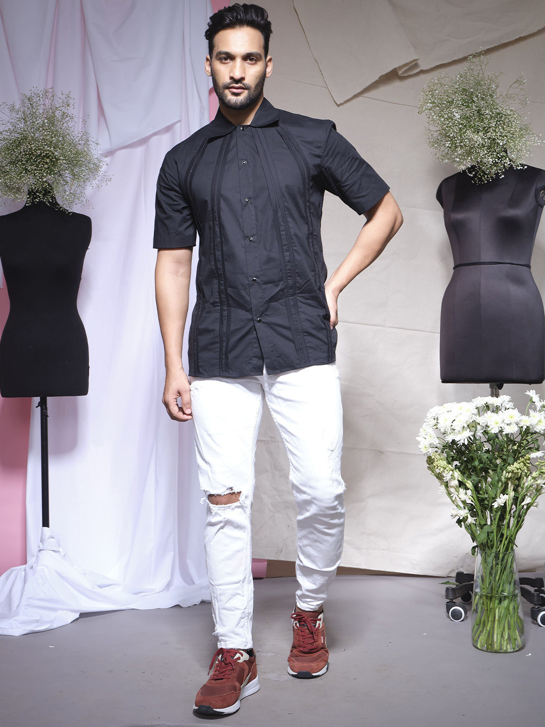 ECHKE Men Standard Slim Fit Solid Spread Collar Cotton Zara Casual Shirt