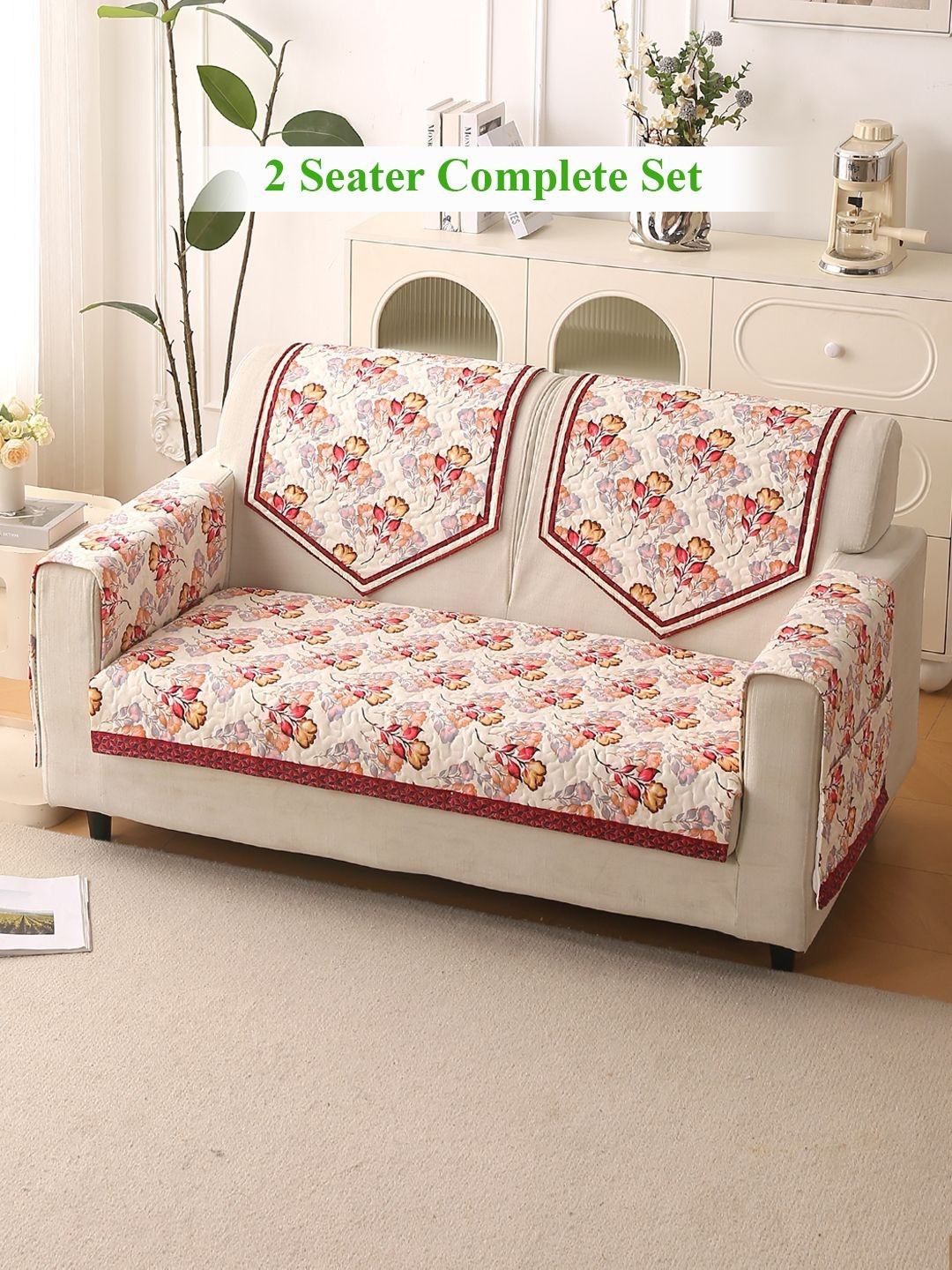HOKIPO Florentina Series Autumn Cream-Coloured 5 Pc Velvet 2Seater Complete Sofa Cover Set