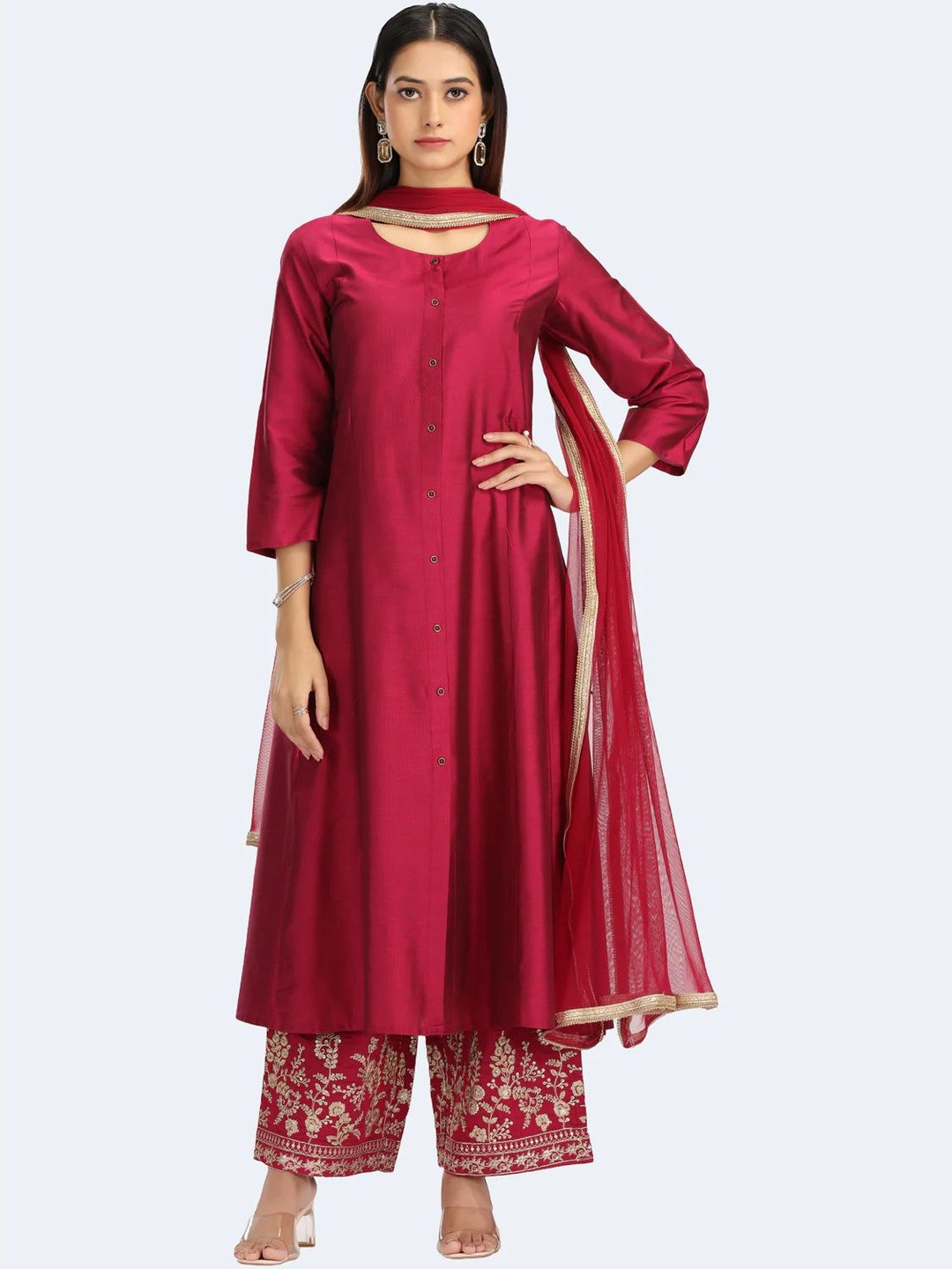 COTTON CULTURE Round Neck Panelled A-Line Kurta With Palazzos & Dupatta
