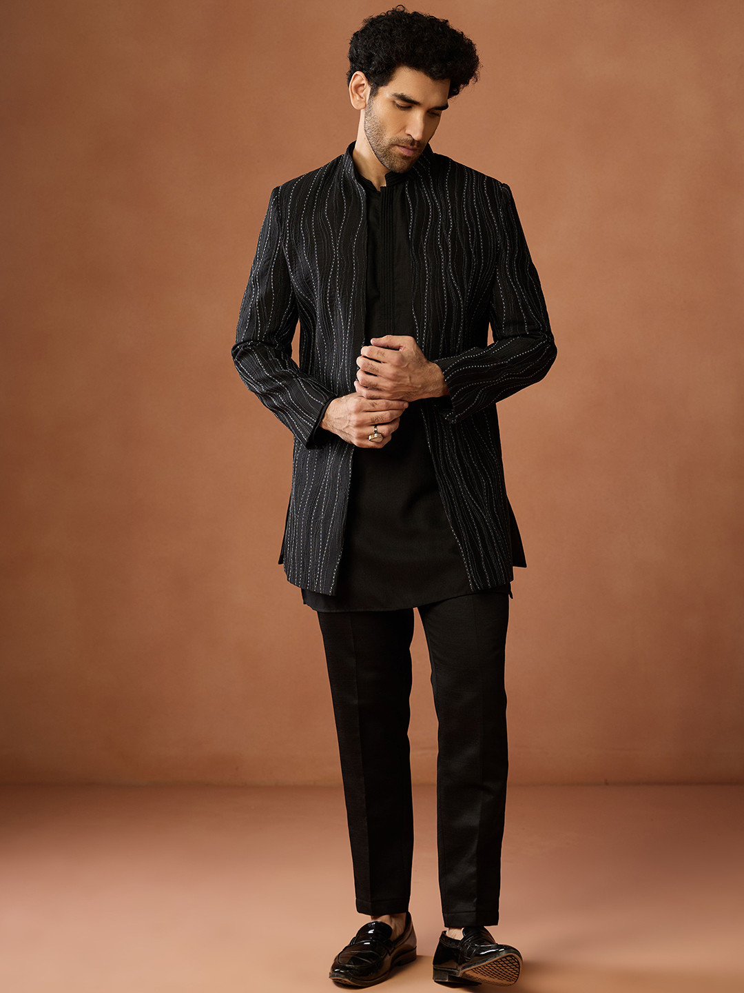 KISAH Sequinned Mid Embroidered Kurta Front Open Short Sherwani Trouser Set