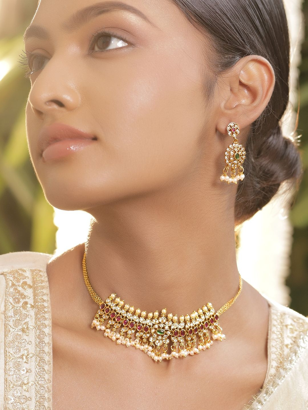 Rubans 22K Gold-Plated Kundan, Ruby Red & Green Stone Handcrafted Choker Necklace Set