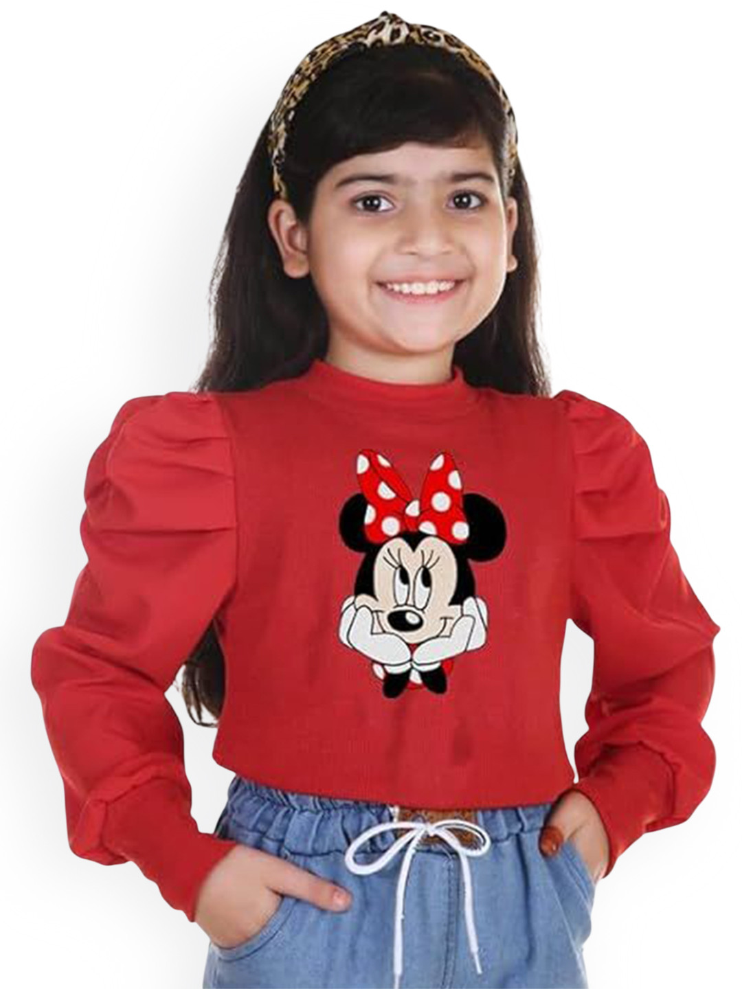 KIROTO Girls Red Mickey Printed Puff Sleeve Ruffles Crepe Top
