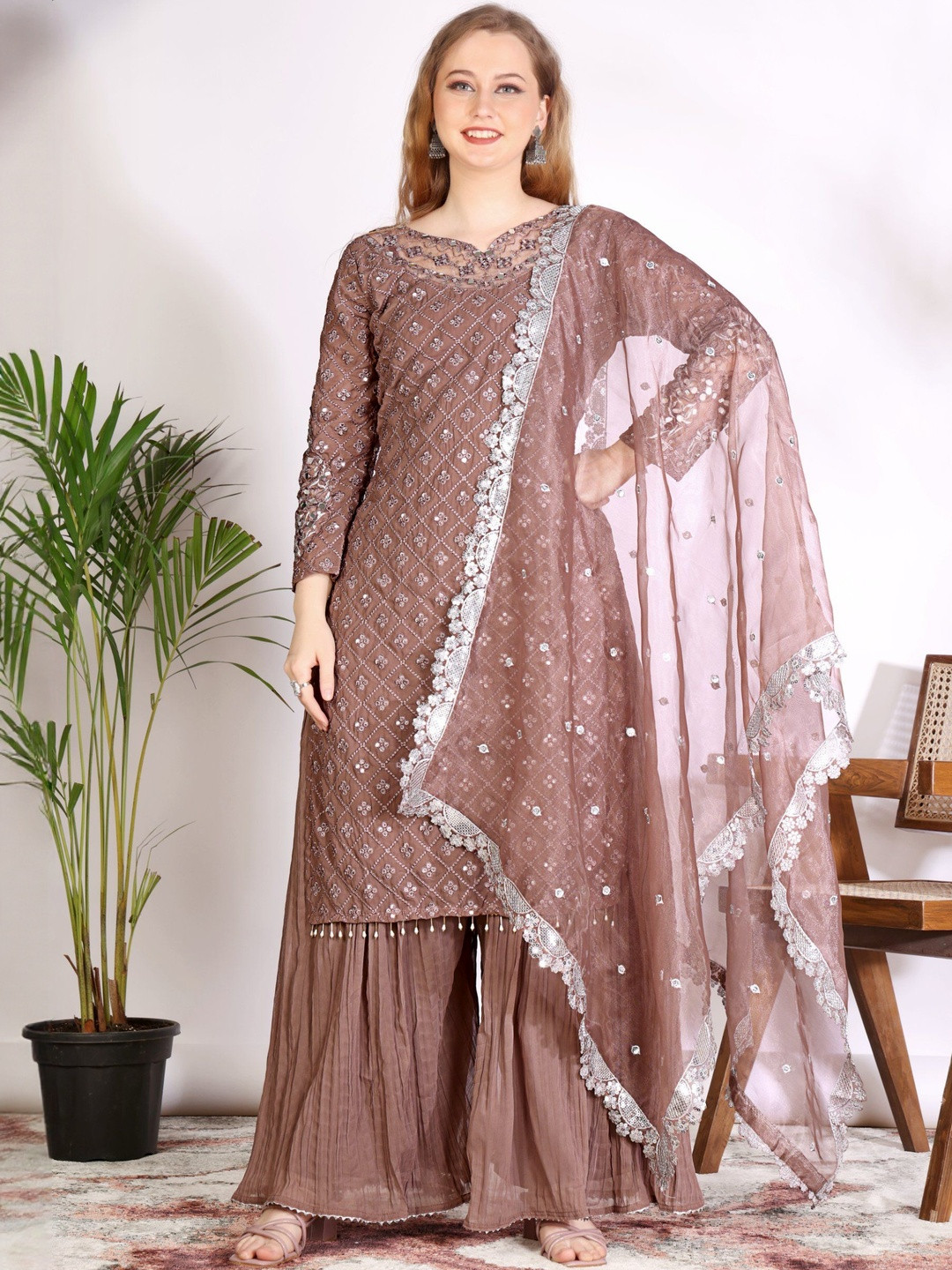 Vanshaft Collection Woven Design V-Neck Sequinned Georgette Kurta With Sharara & Dupatta