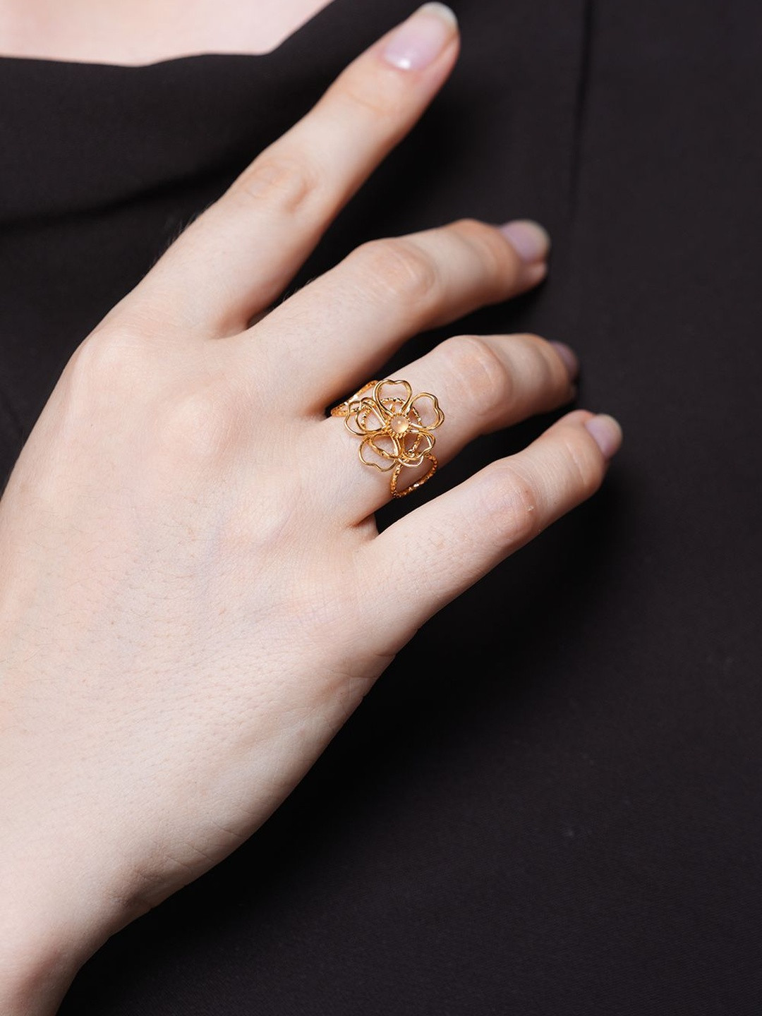 CAO Jewellery Stainless Steel Beaded Open Adjustable Floral Finger Ring