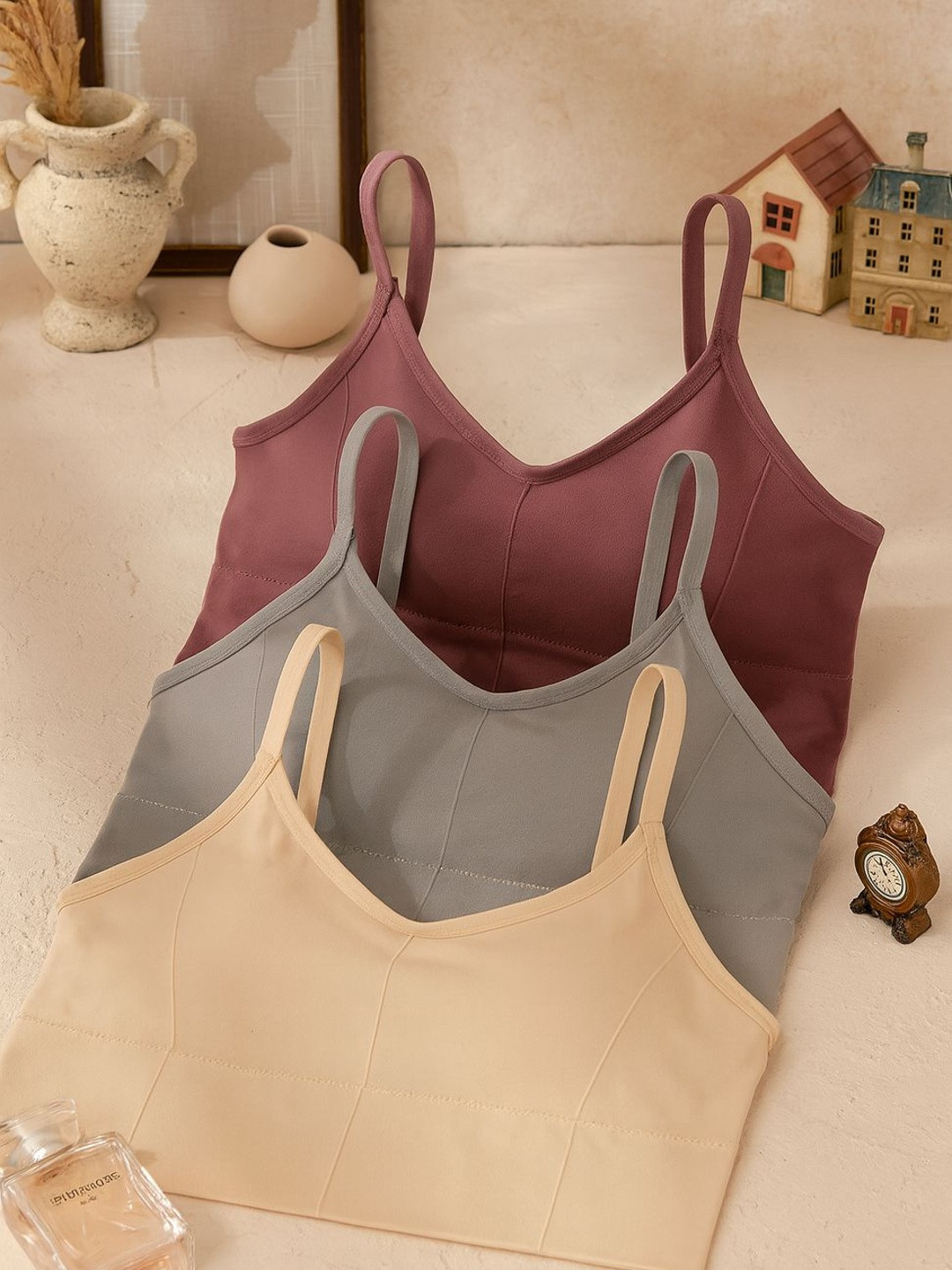 FiveFlag Women Pack Of 3 Grey Beige & Burgundy  Full Coverage Lightly Padded Cotton Bra