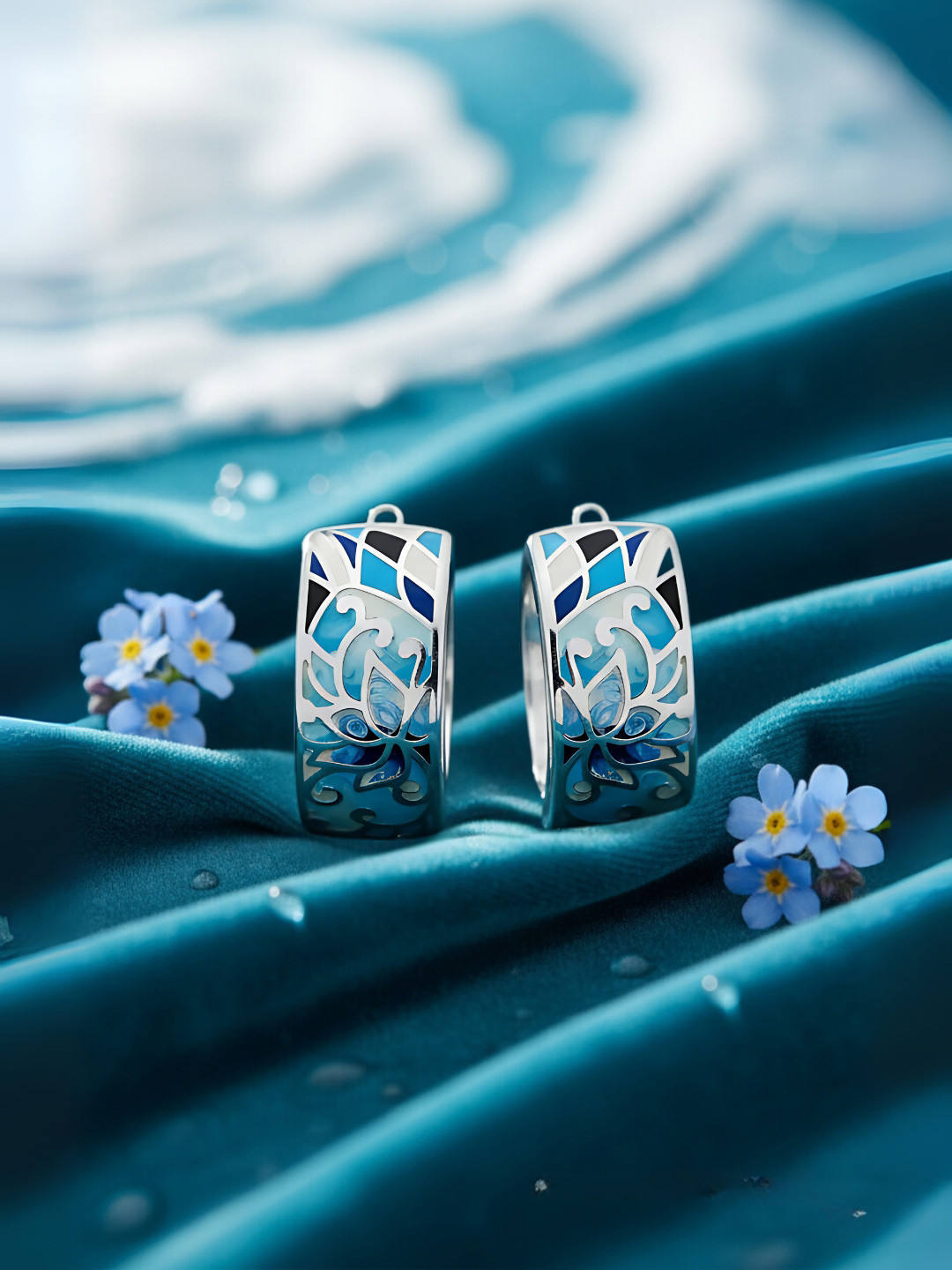 Nipura 925 Sterling Silver Rhodium-Plated Blue Floral Alchemy Contemporary Studs Earrings