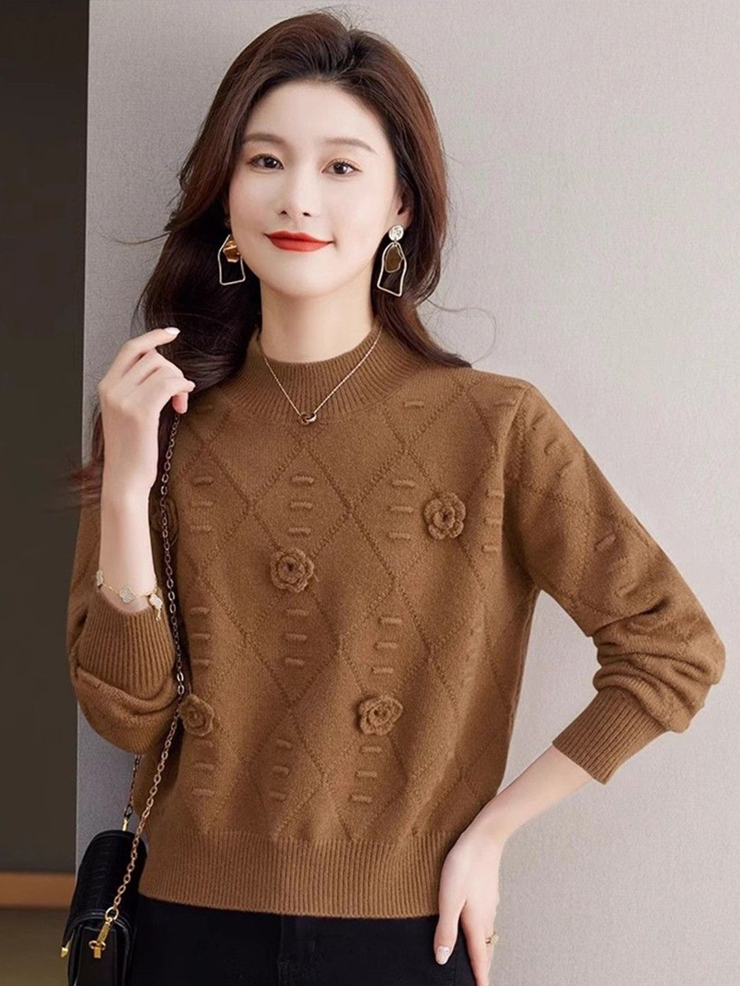 HERE&NOW Geometric Self Design Turtle Neck Pullover With Embroidered Floral Detail