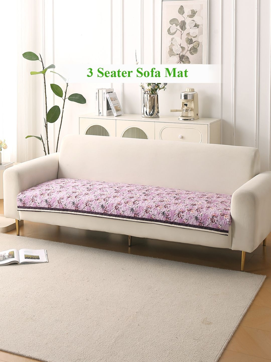 HOKIPO Florentina Series Peony Lavender Printed Holland Velvet 3 Seater Sofa Cover Mat