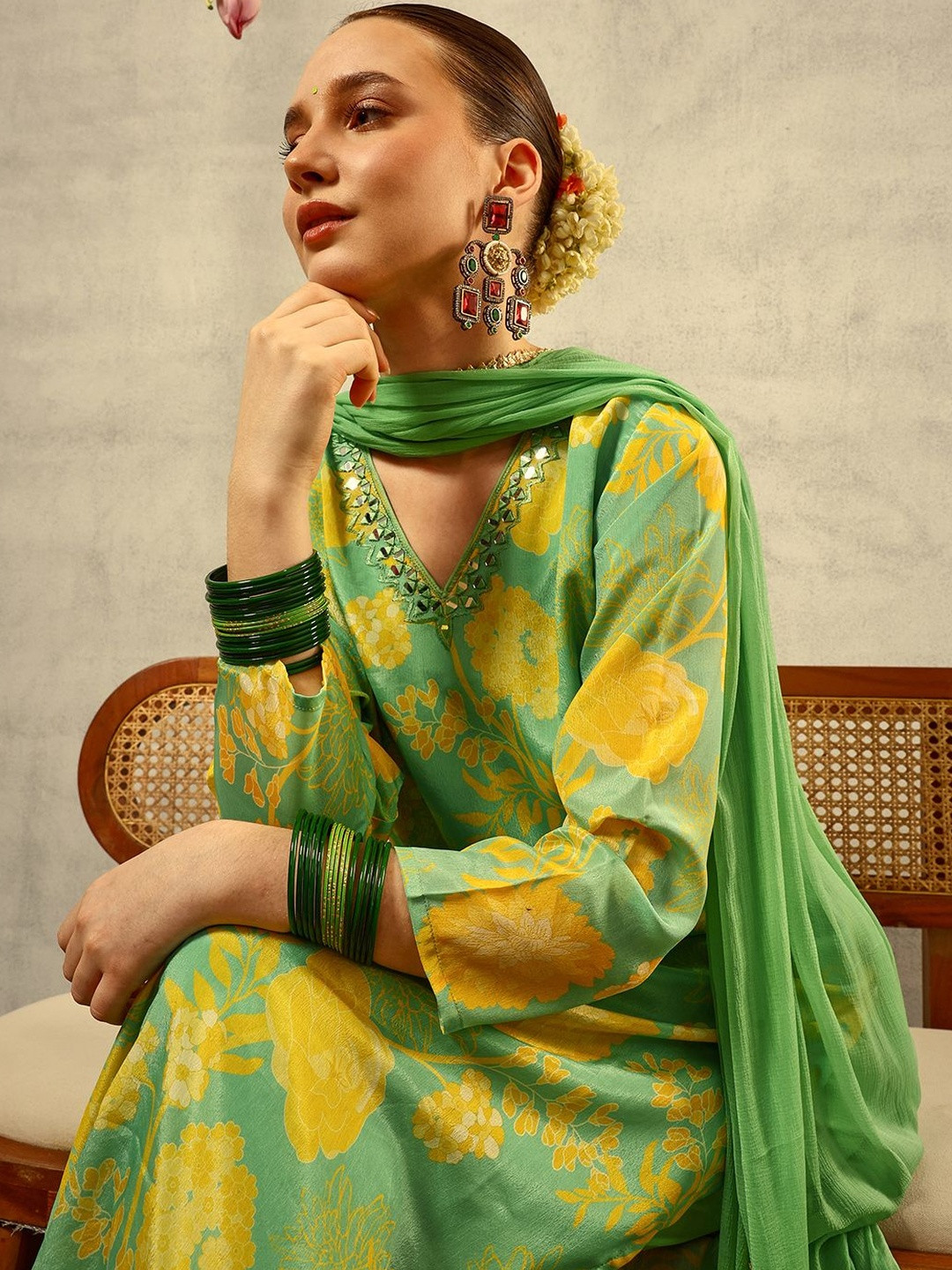 Ishin Green Digital Floral Printed & Embroidered Straight Kurta With Trouser & Dupatta
