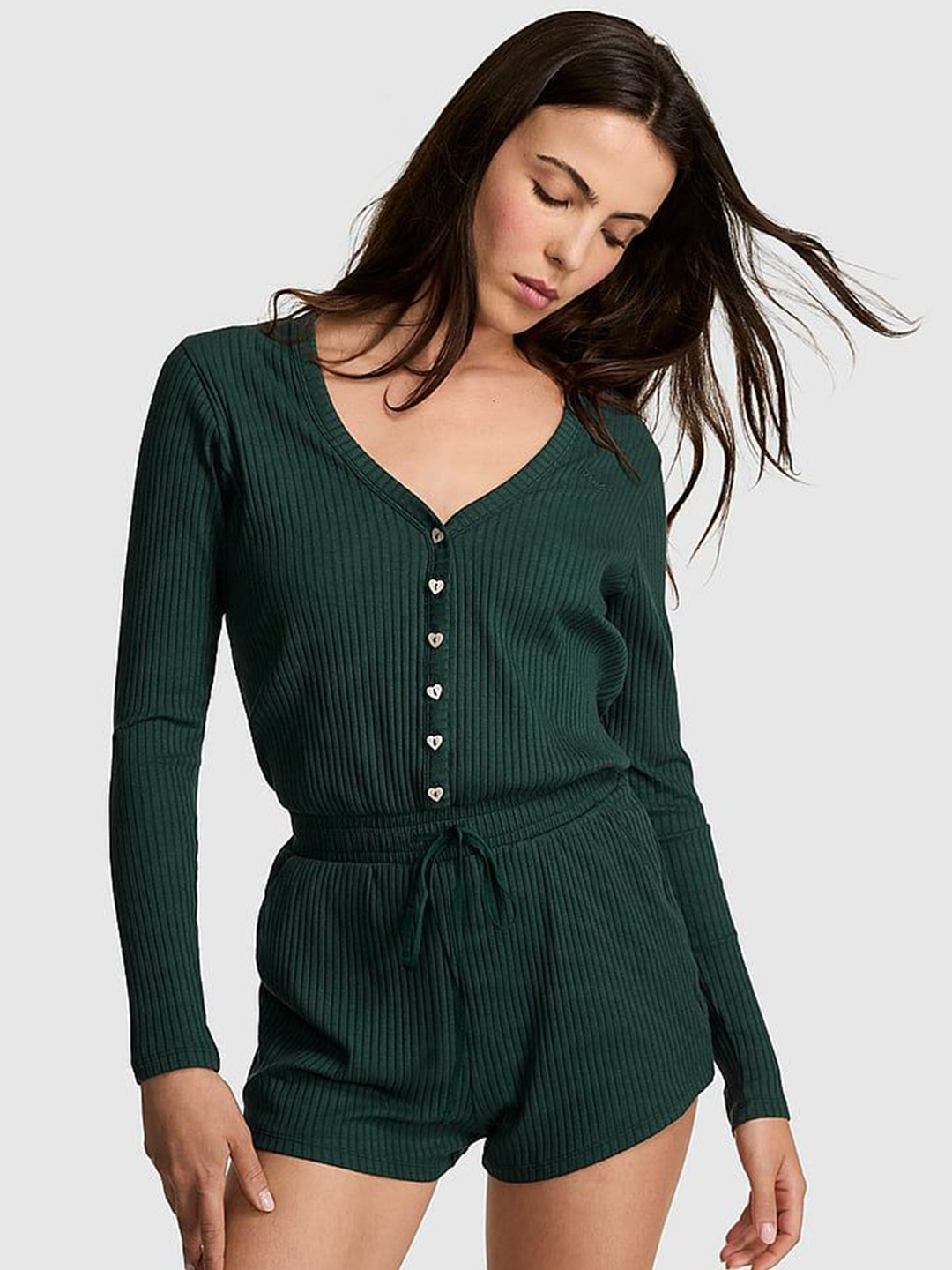 Victoria's Secret Women Ribbed V-neck Buttoned Drawstring Playsuit
