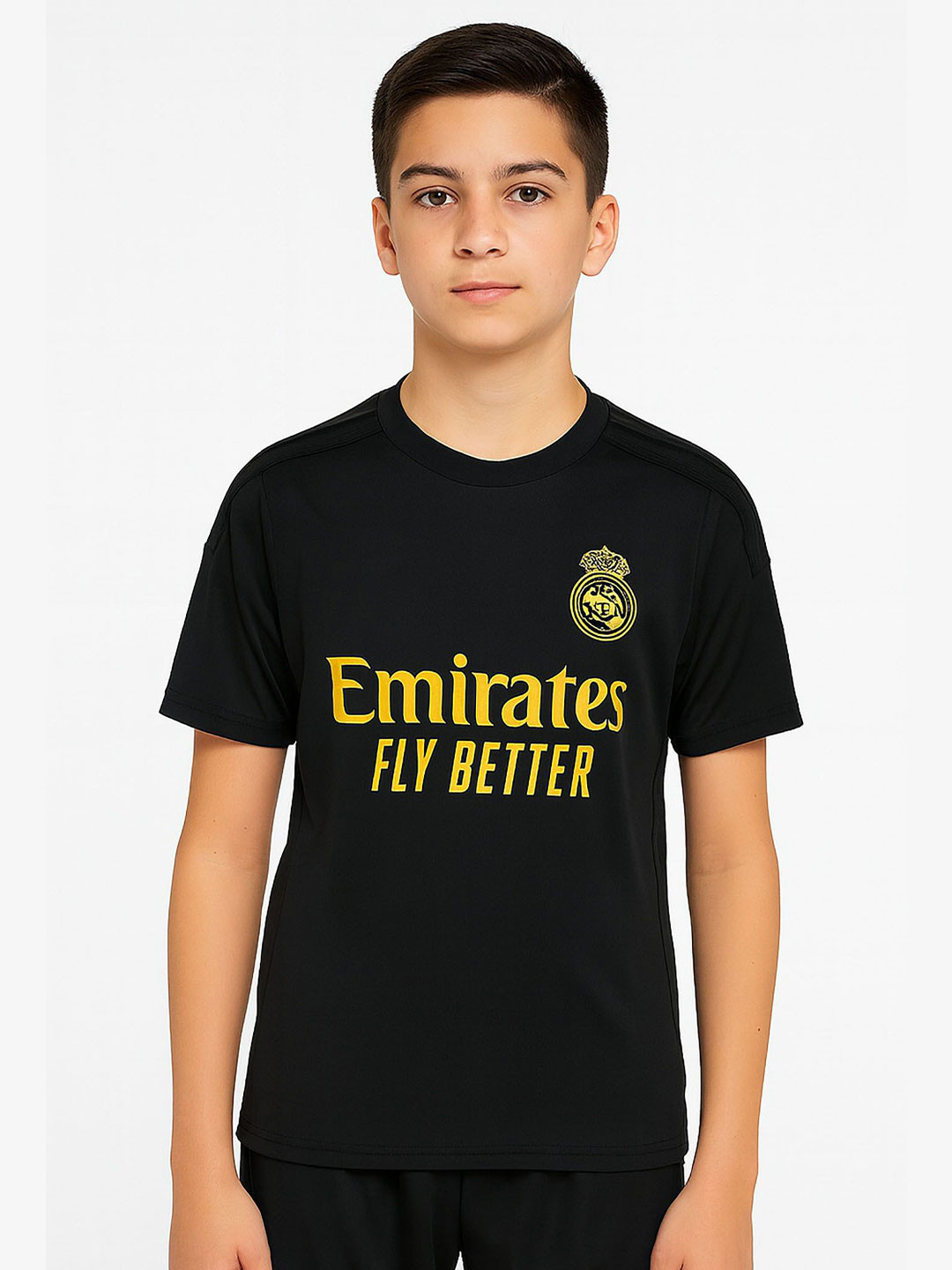 dostitch Boys Real Madrid Third Kit Football Jersey Kids Black T-Shirt