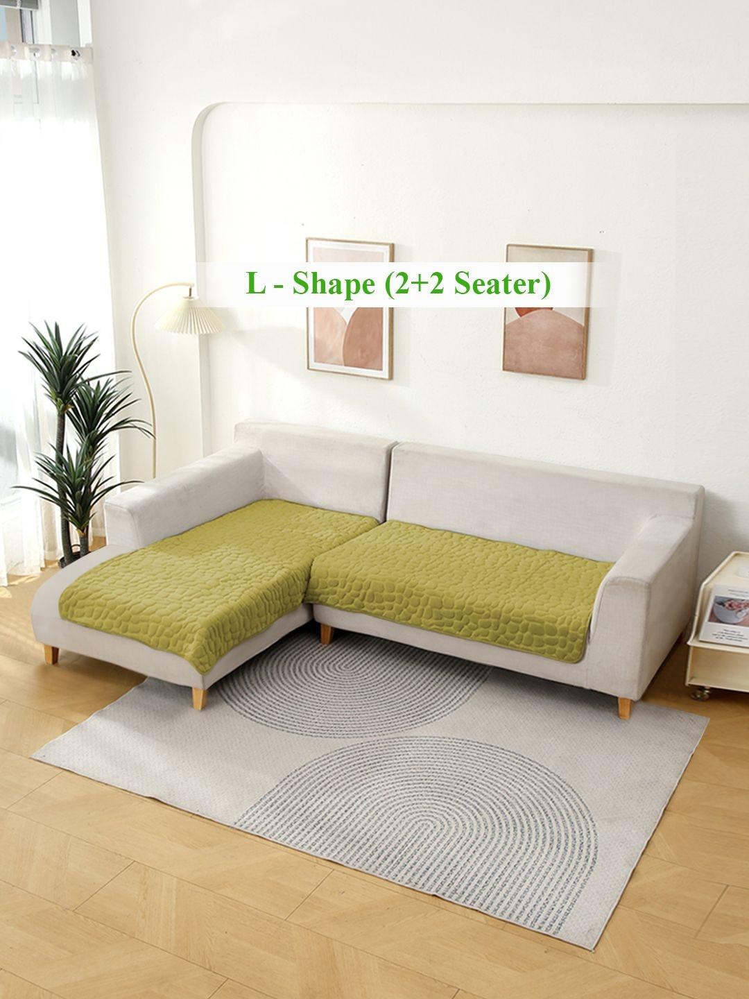 HOKIPO Pristine Green 2 Pcs Premium Pebble Milk Velvet L Shape 4 Seater Sofa Cover Mat