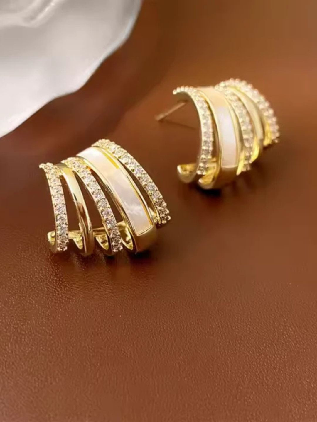 RaasRani Women Gold Plated Artificial Stones Studded Semi-Circular Enamelled Half Hoop Earrings