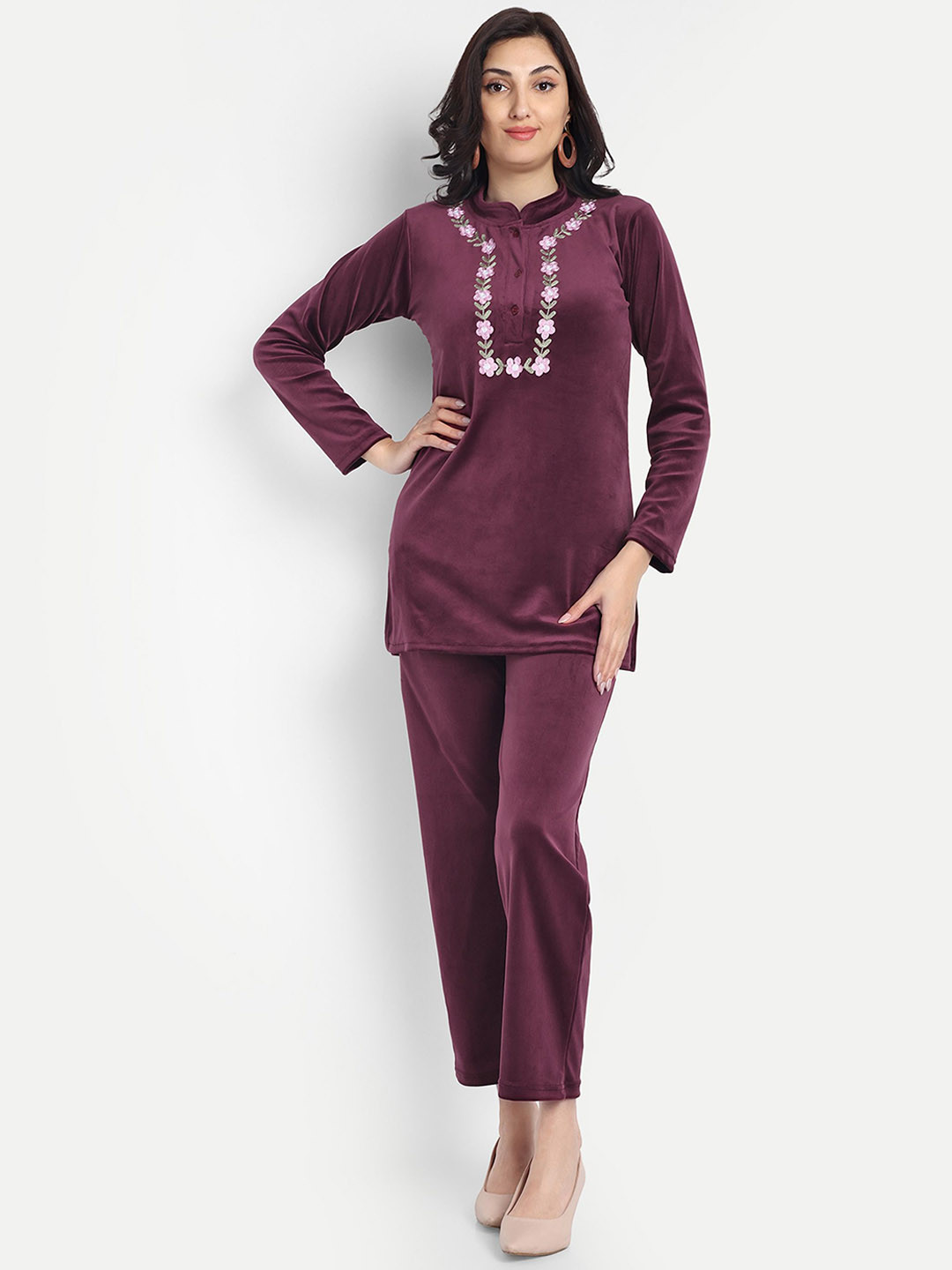 FNOCKS Floral Embroidered Mandarin Collar Velvet Tunic With Trousers Co-Ords