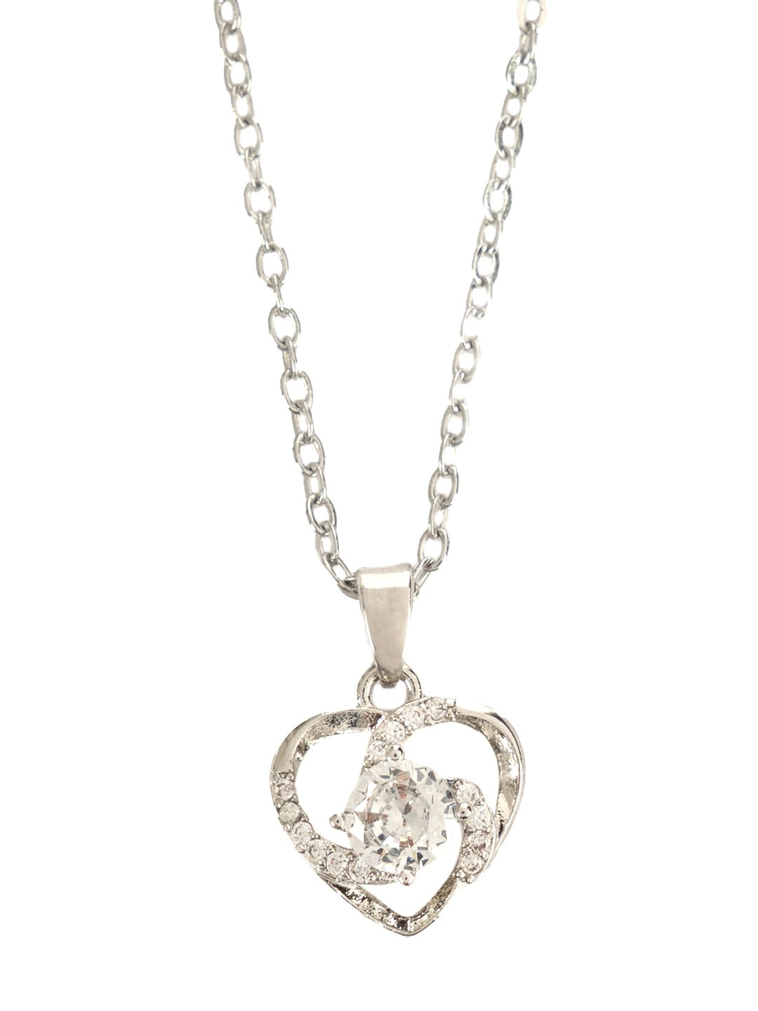 Kulin Rhodium-Plated Artificial Stones Studded Heart Pendant With Chain