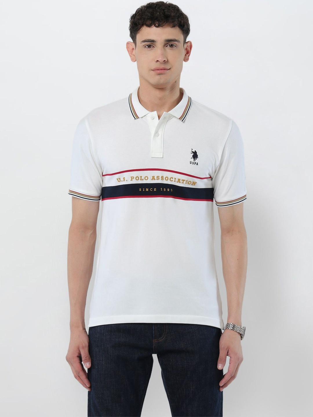 U.S. Polo Assn. Striped Brand Embroidered Polo Collar Cotton Slim Fit T-shirt
