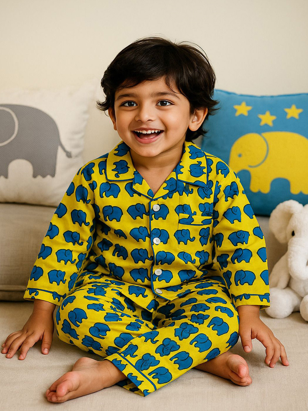 Perkymoon Kids Elephant Printed Lapel Collar Shirt and Pajama  Night suit