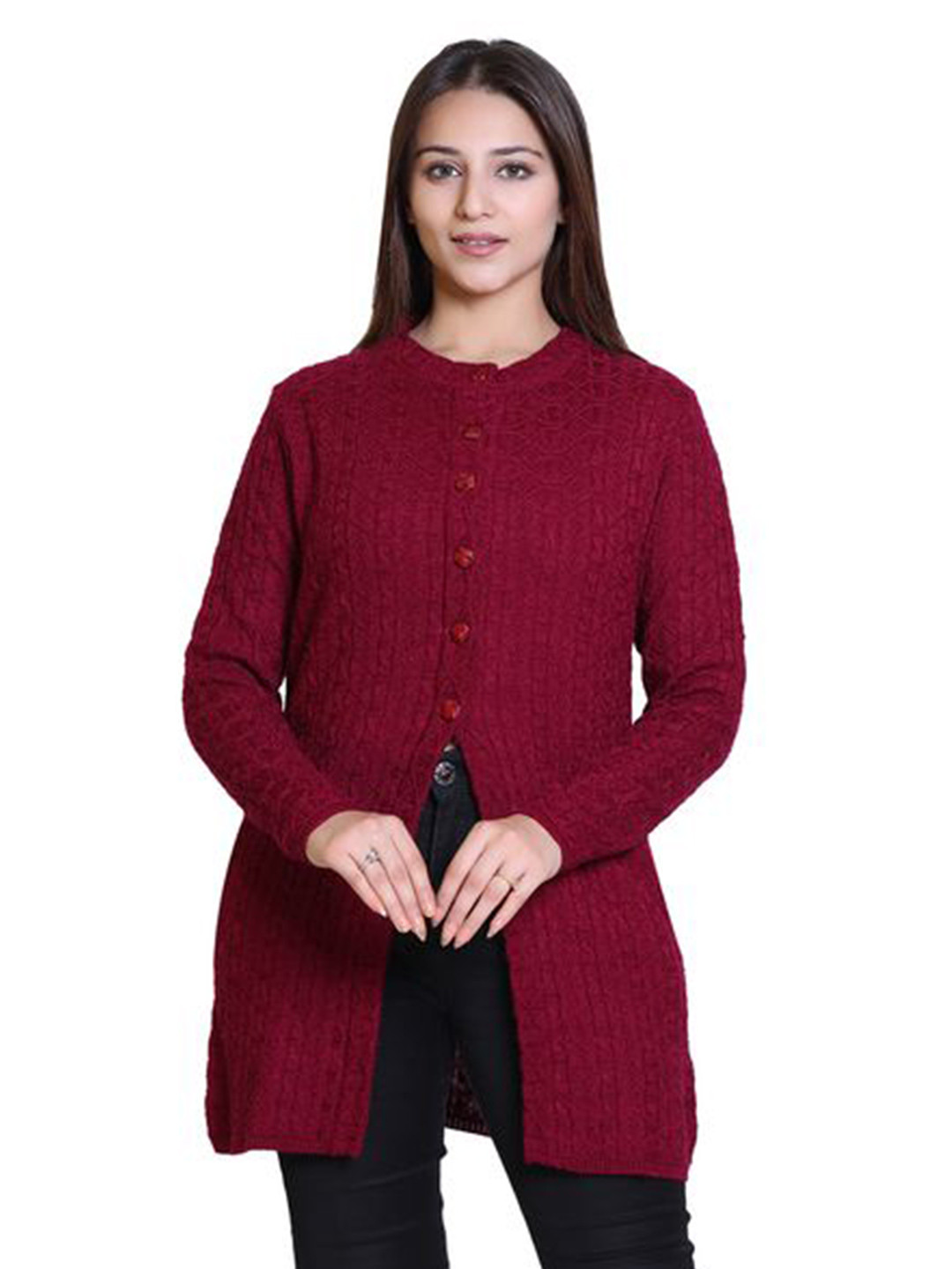 Ogarti Women Self Design Round Neck Button Closure Longline Cardigan