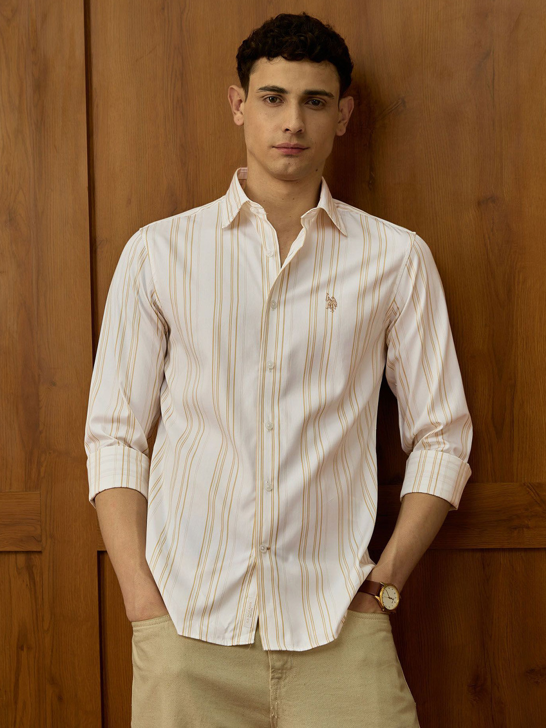 U.S. Polo Assn. Men Tailored Fit Vertical Striped Pure Cotton Poplin Varsity Casual Shirt