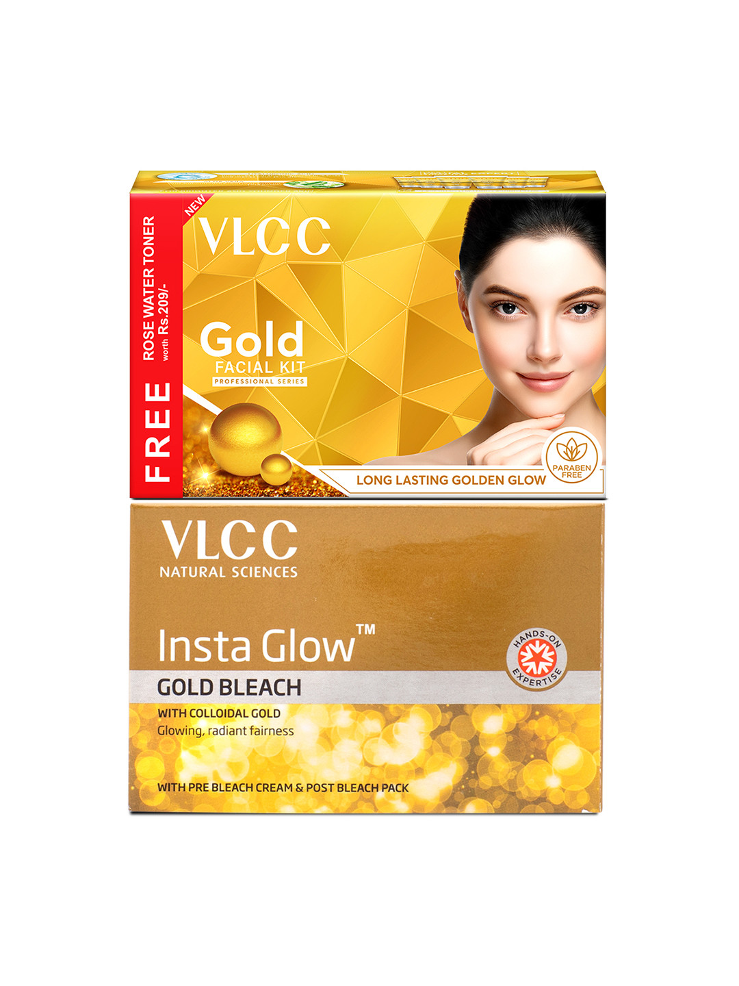 VLCC Gold Facial Kit + Free Rose Water Toner 300g+100ml & Insta Glow Gold Bleach 402g