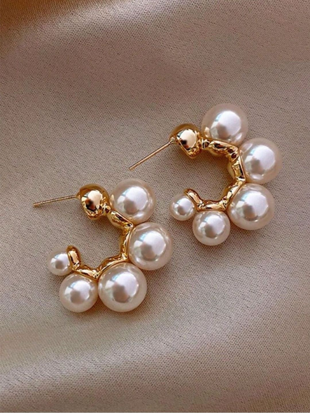 RaasRani Women Gold-Plated Crescent Shaped Pearl Studded Half Hoop Earrings