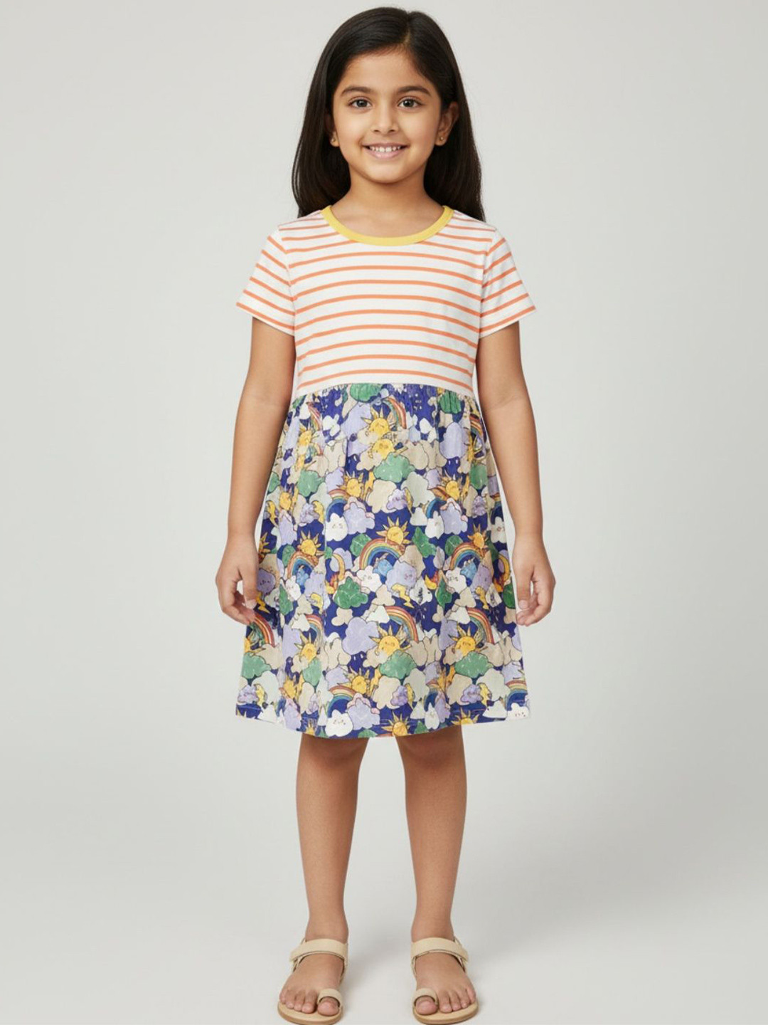Biglilpeople Striped Printed Short Sleeves A-Line Dress