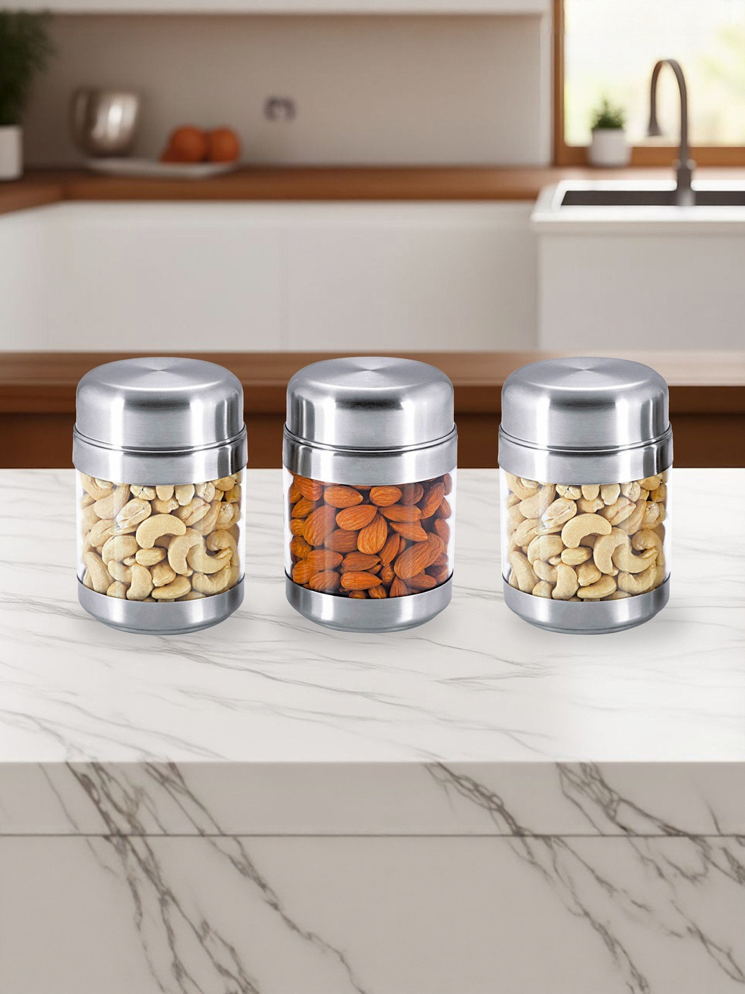 SIZZLE 2025 Silver-Toned Stainless Steel Durable 3 Pcs Clip-On Canisters 470 ml