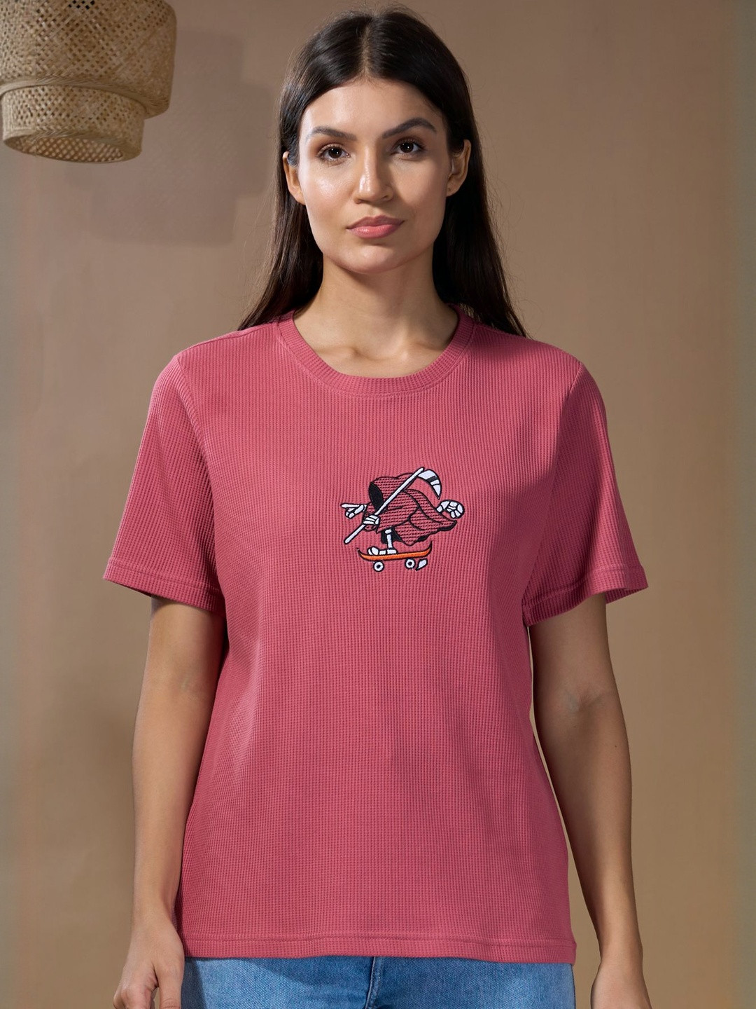 CUPID Skate Reaper Textured Round Neck Embroidered Cotton T-Shirt