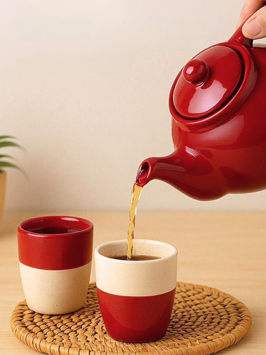 BlackCarrot Red & White 3Pcs Kulhad Tea Set