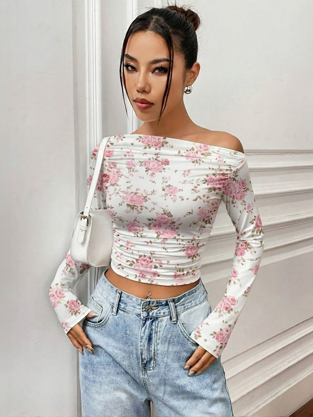Womenster Women Floral Printed Gathered Off-Shoulder Full Sleeve Crop Top