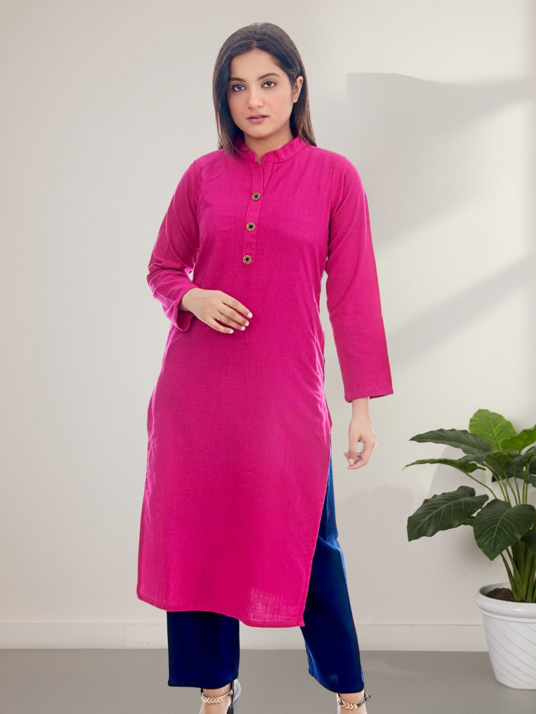 myplusfashion Women Solid Plus Size Cotswool Warm Straight Kurta