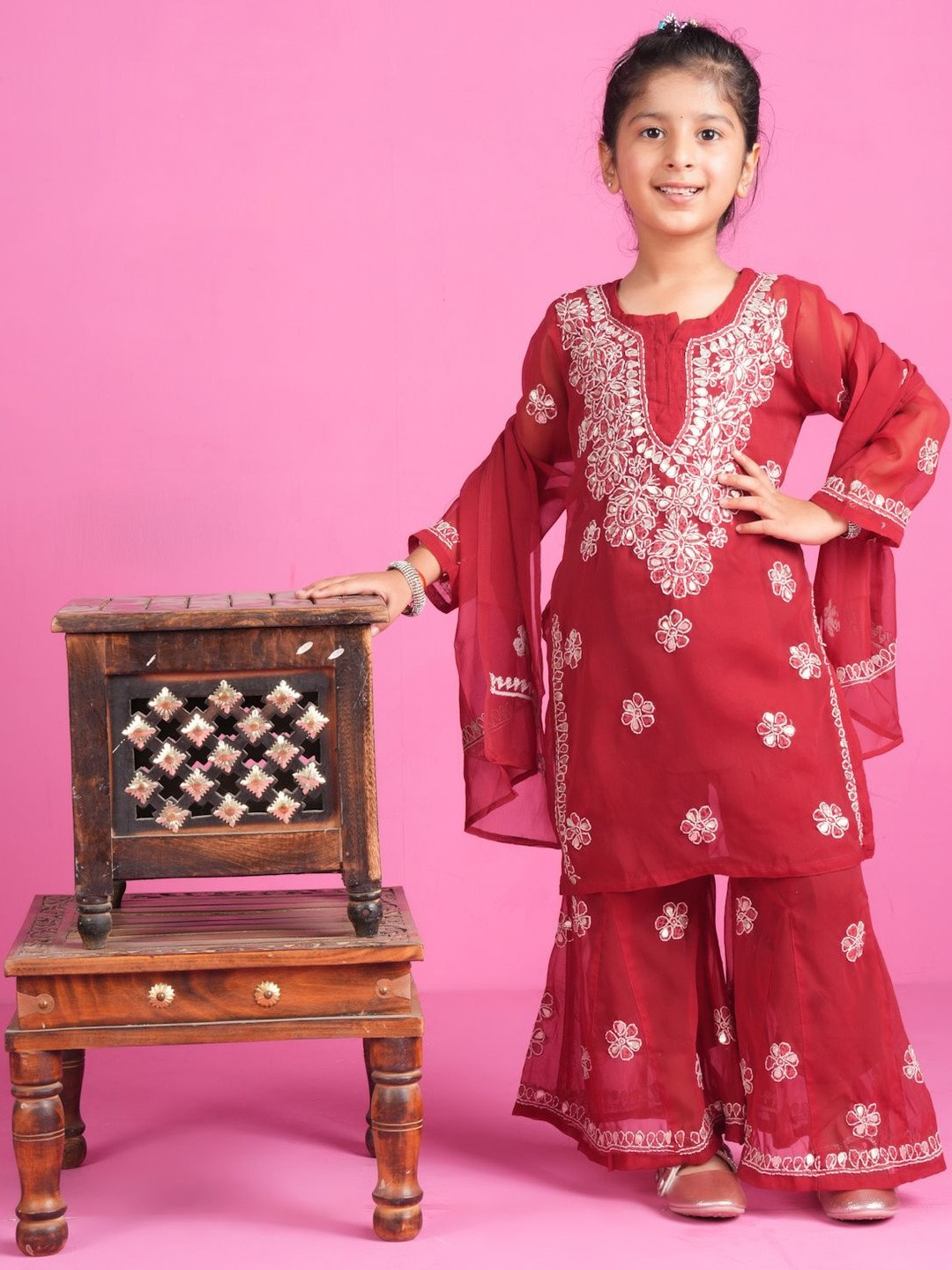 KHAKA Girls Ethnic Motifs Embroidered Regular Chikankari Kurta & Sharara With Dupatta