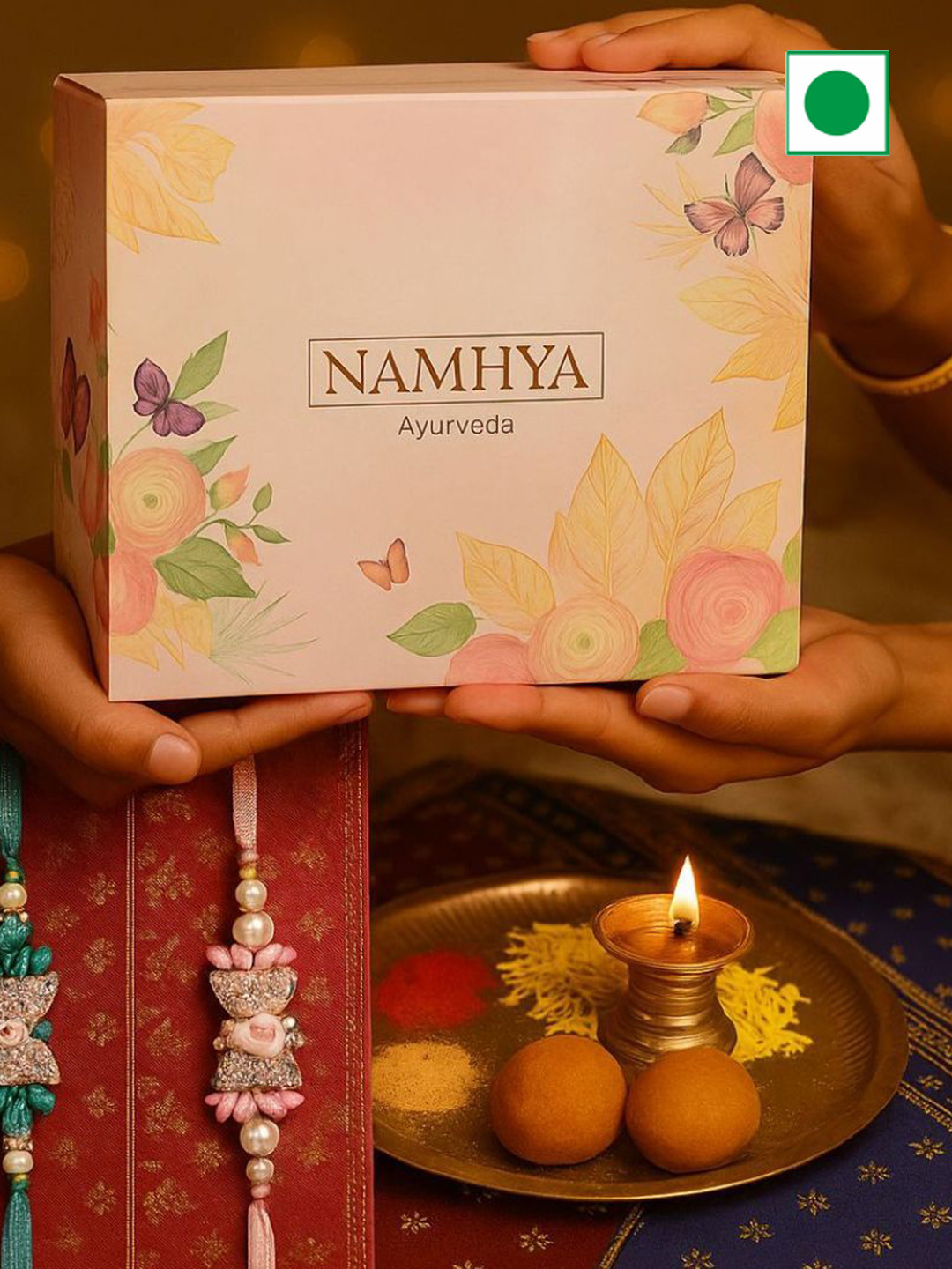 NAMHYA Set Of 2 Rakhi With Tea Gift Set