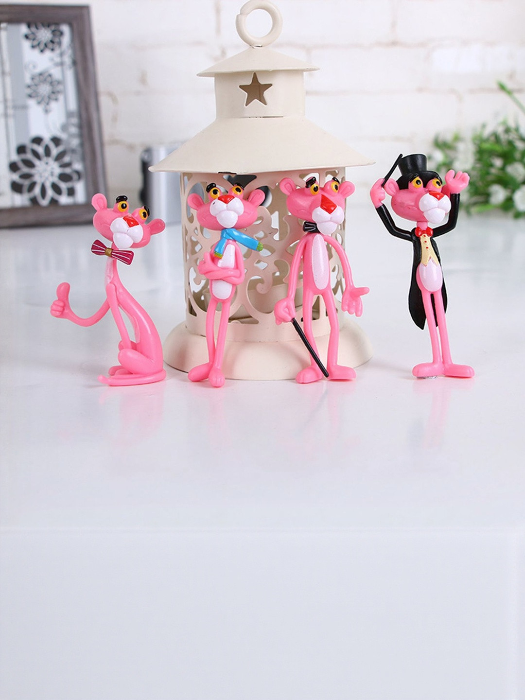 Flenzy Pink 4 Pieces Charming Mini Pink Panther Figurine Showpiece