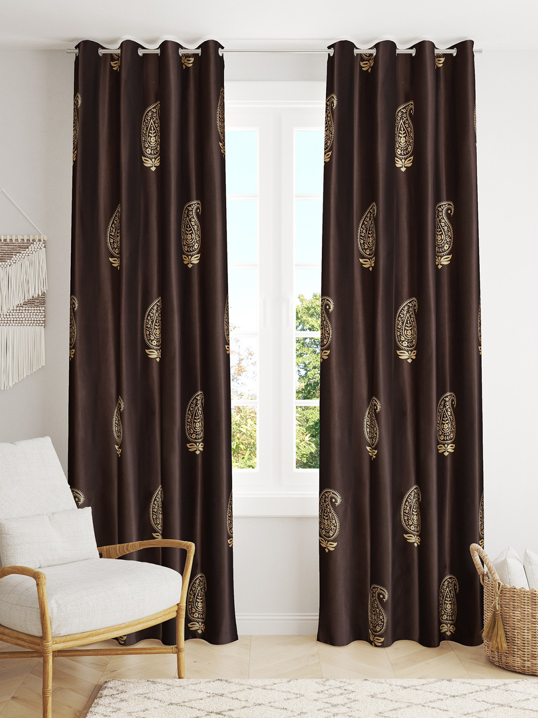 GEET CREATIONS Softy-BigLeaf Brown 2 Pieces Printed Room Darkening Door Curtains