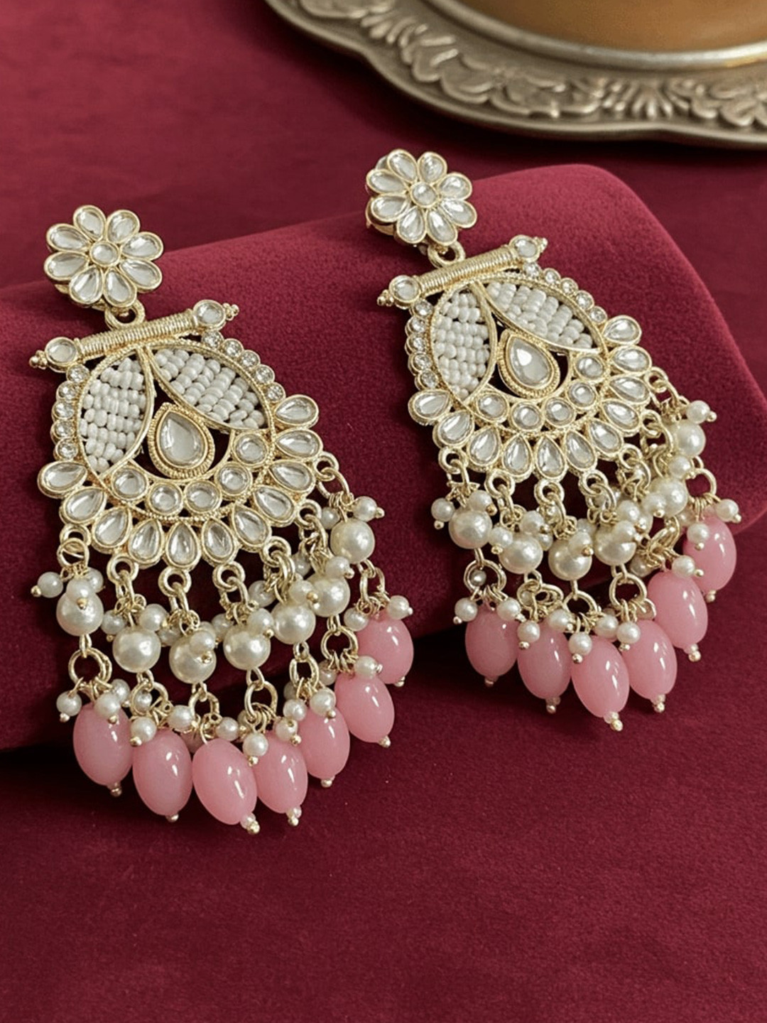 TESSARA Gold Plated Artificial Stones Studded & Beaded Floral Drop Earrings