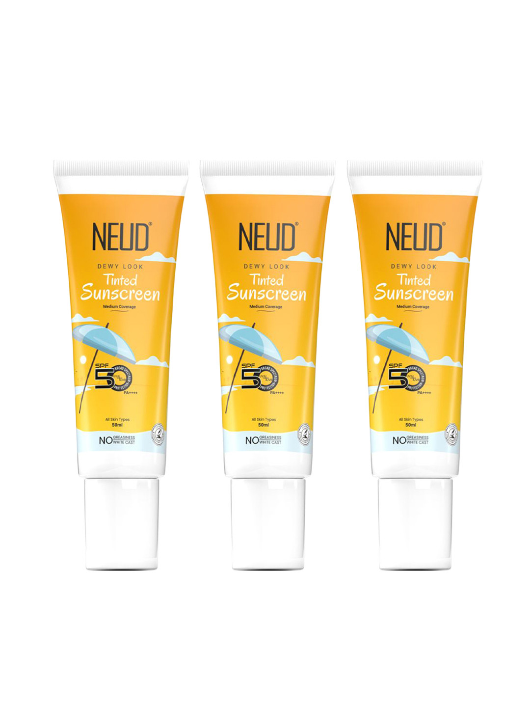 NEUD Set of 3 Dewy Look Tinted SPF 50++++ Sunscreen with Hyaluronic Acid - 50 ml each