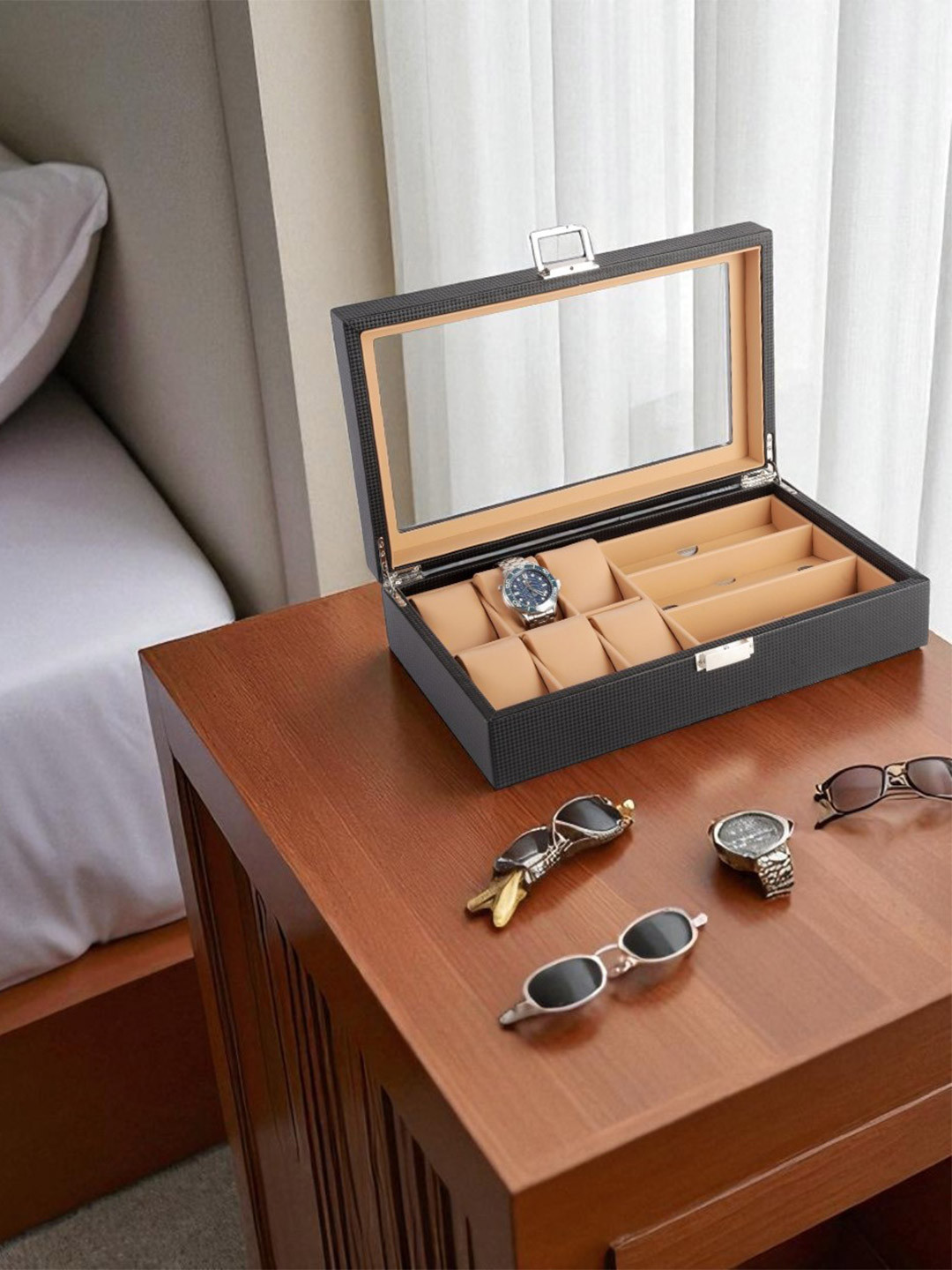 AARVI DECOR STUDIO Unisex Black Faux Leather Watch & Sunglasses Organizer