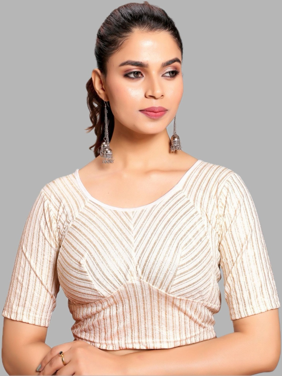 PU FASHION Women Foil Strips Pattern Strechable Blouse