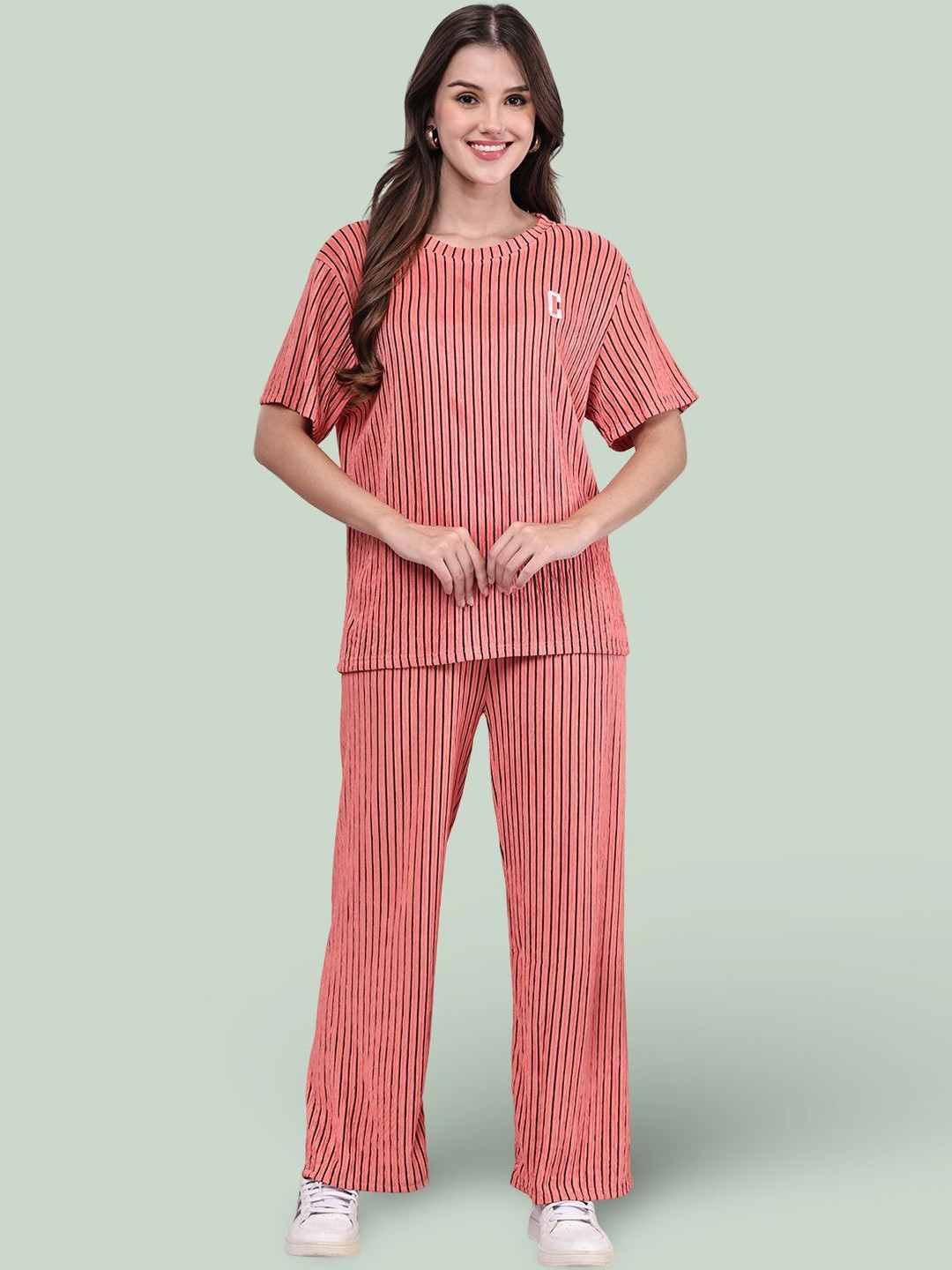 Jinfo Women Striped Top & Wide-Leg  Pyjamas Night suit