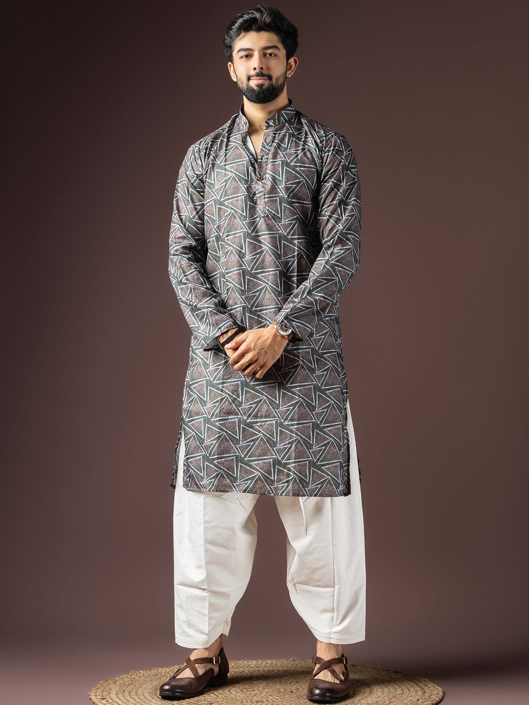 Rawayi Printed Mandarin Collar Straight Kurta