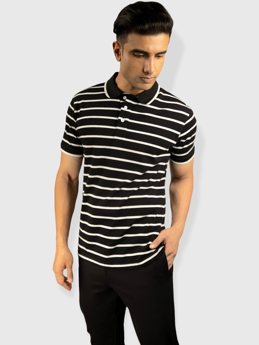 albatross Unisex Striped Polo Collar Pure Cotton T-shirt