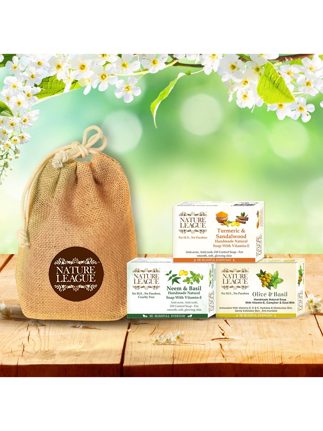 NATURE LEAGUE Set Of 3 Turmeric & Sandalwood & Neem & Olive & Basil Soaps - 100 g Each