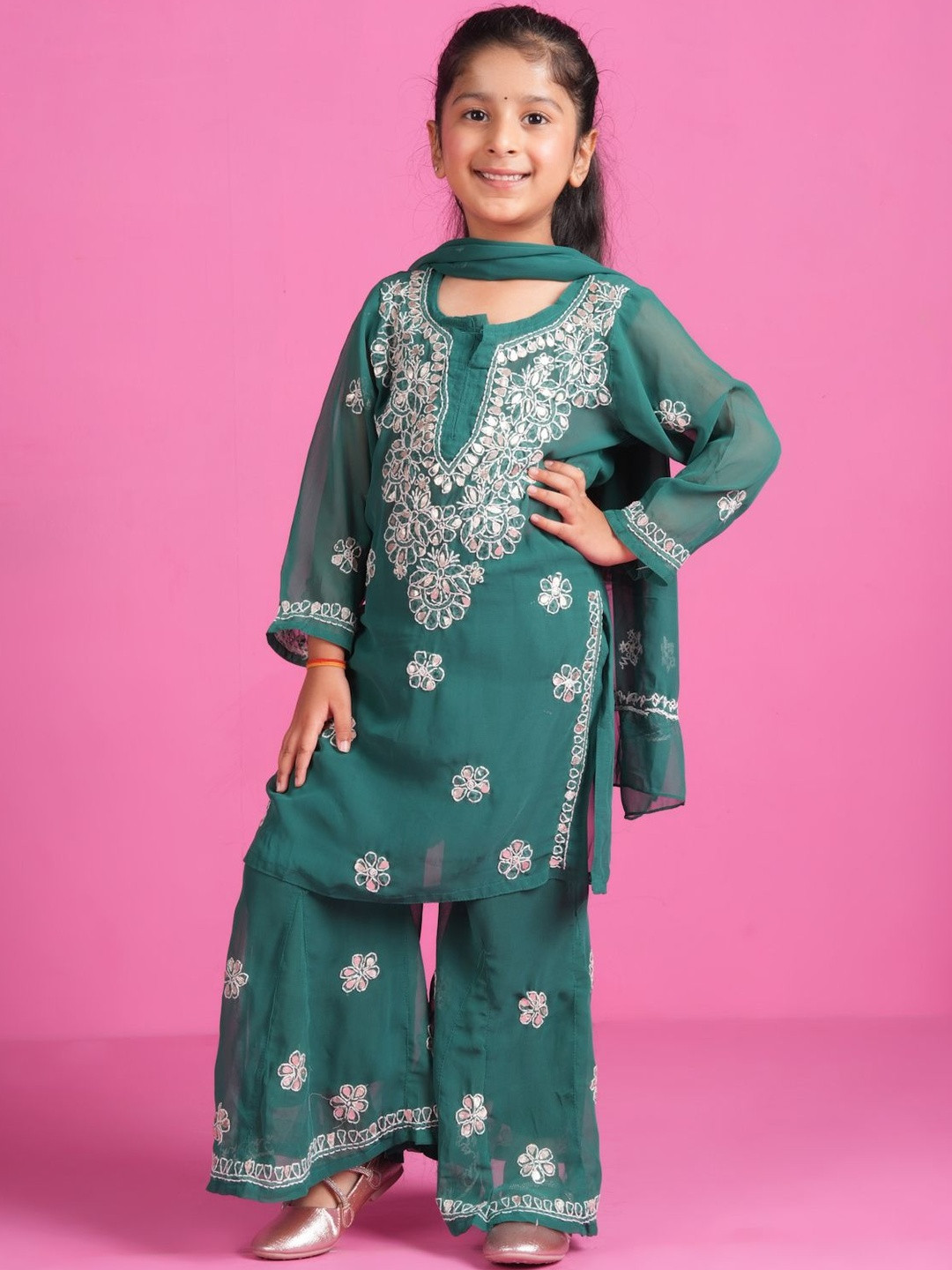 KHAKA Girls Floral Embroidered Kurta with Sharara & Dupatta