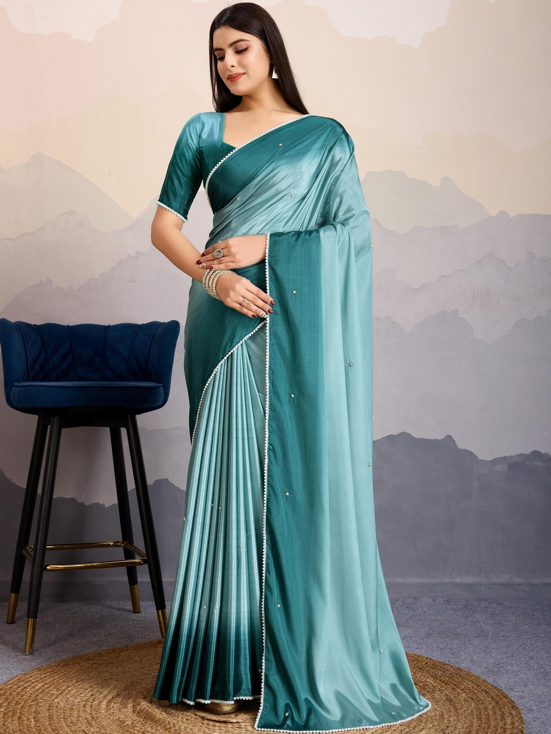 Smart Stree Ombre Beads and Stones Pure Crepe Saree With Blouse Piece