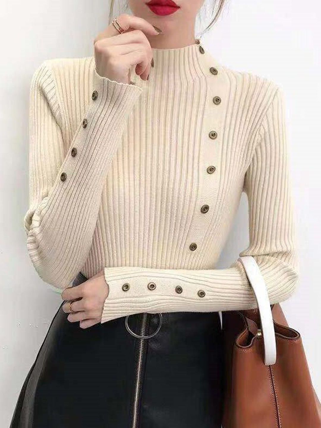 Outzidr Women Ribbed Turtle Neck Fitted Sweaters